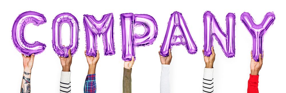 Purple balloon letters forming the word company