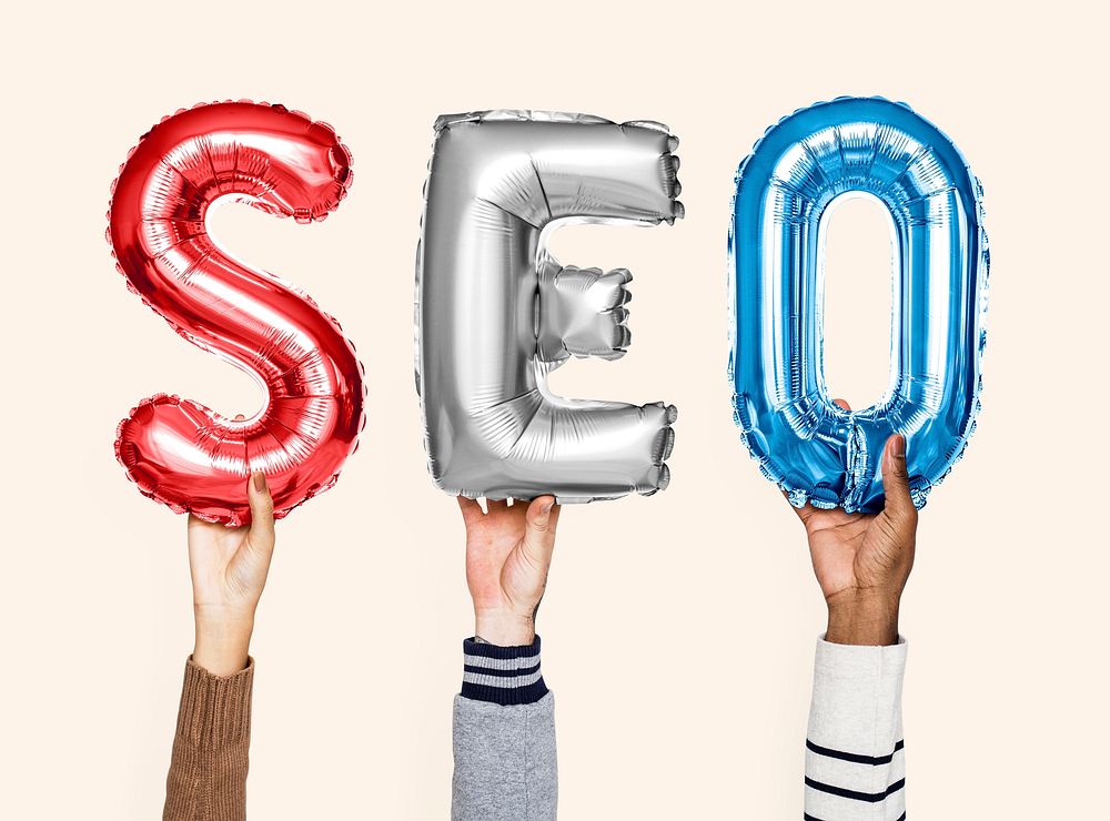Colorful balloon letters forming the word SEO