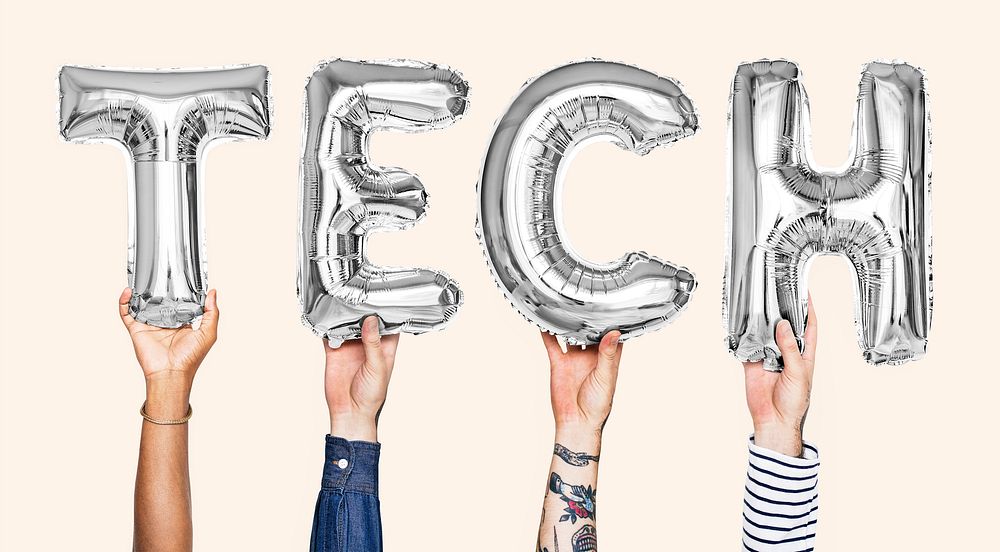 Gray balloon letters forming the word tech