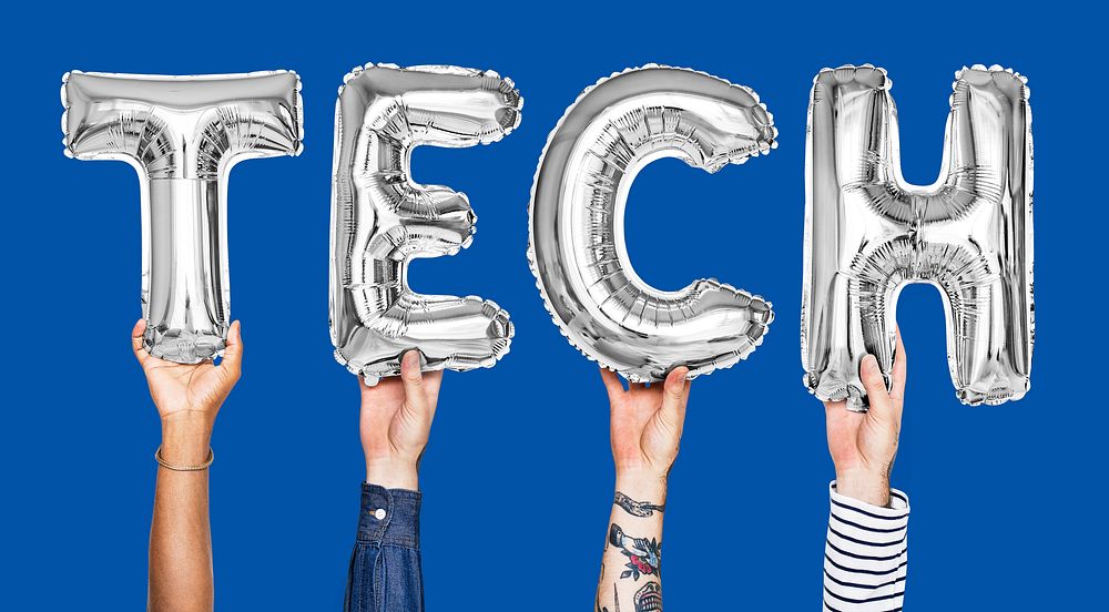 Gray balloon letters forming the word tech