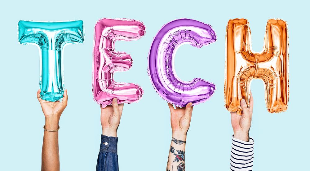 Colorful balloon letters forming the word tech