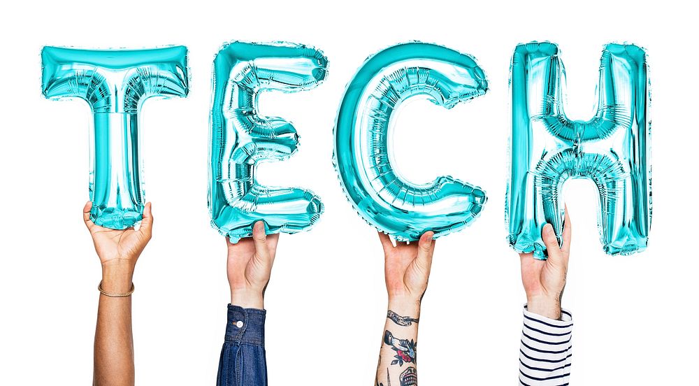 Blue balloon letters forming the word tech