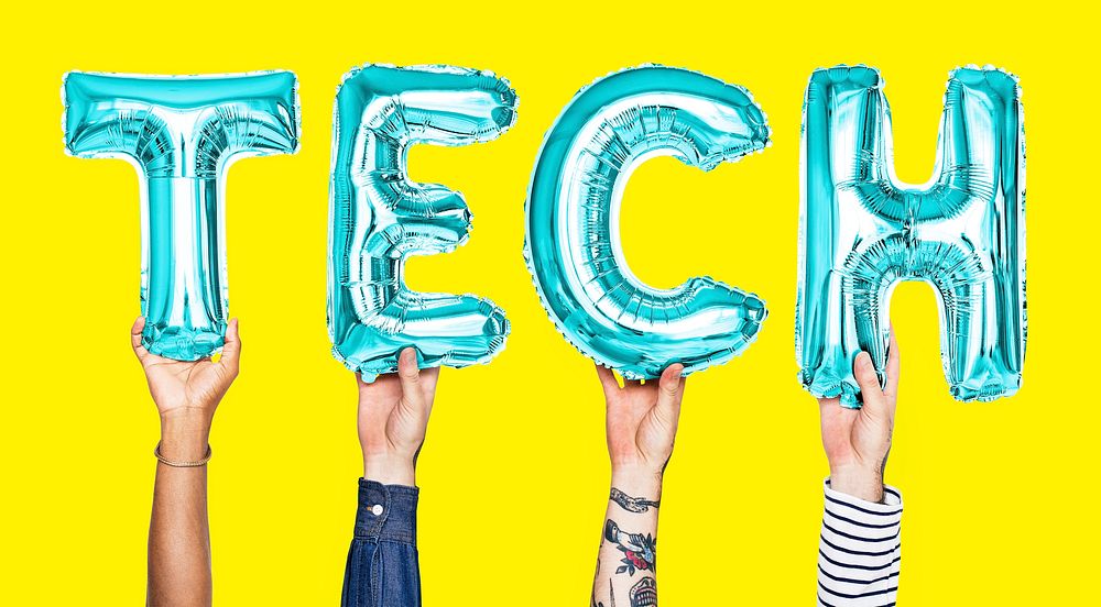 Blue balloon letters forming the word tech