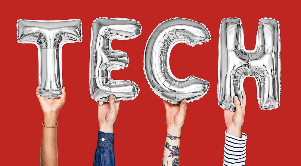 Gray balloon letters forming the word tech