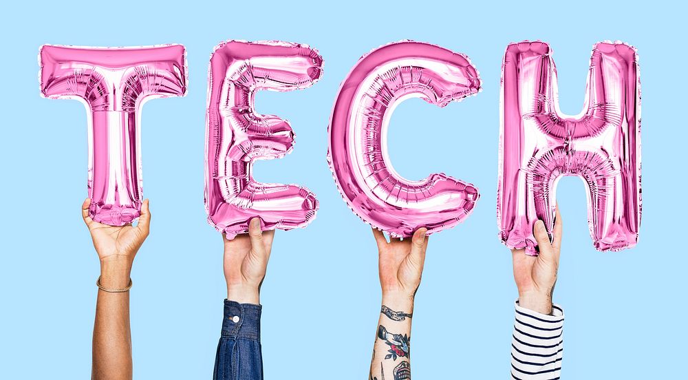 Pink balloon letters forming the word tech