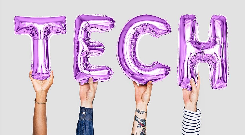Purple balloon letters forming the word tech