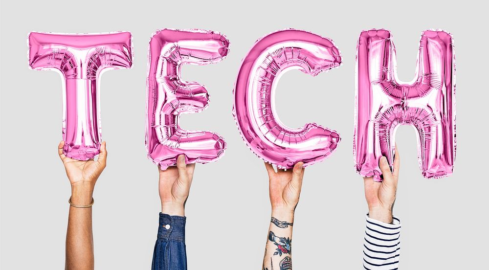 Pink balloon letters forming the word tech