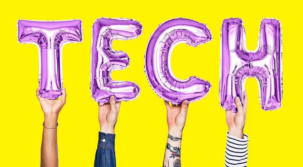 Purple balloon letters forming the word tech