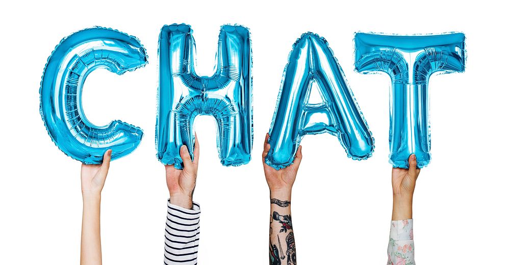 Hands showing chat balloons word