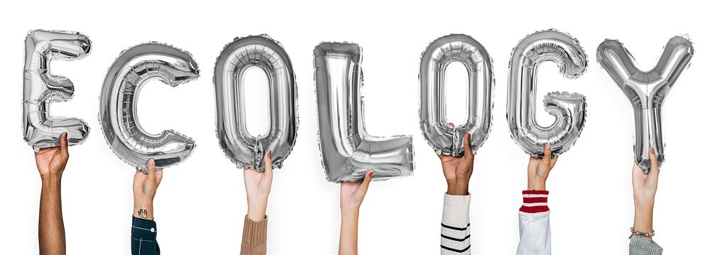 Hands showing ecology balloons word