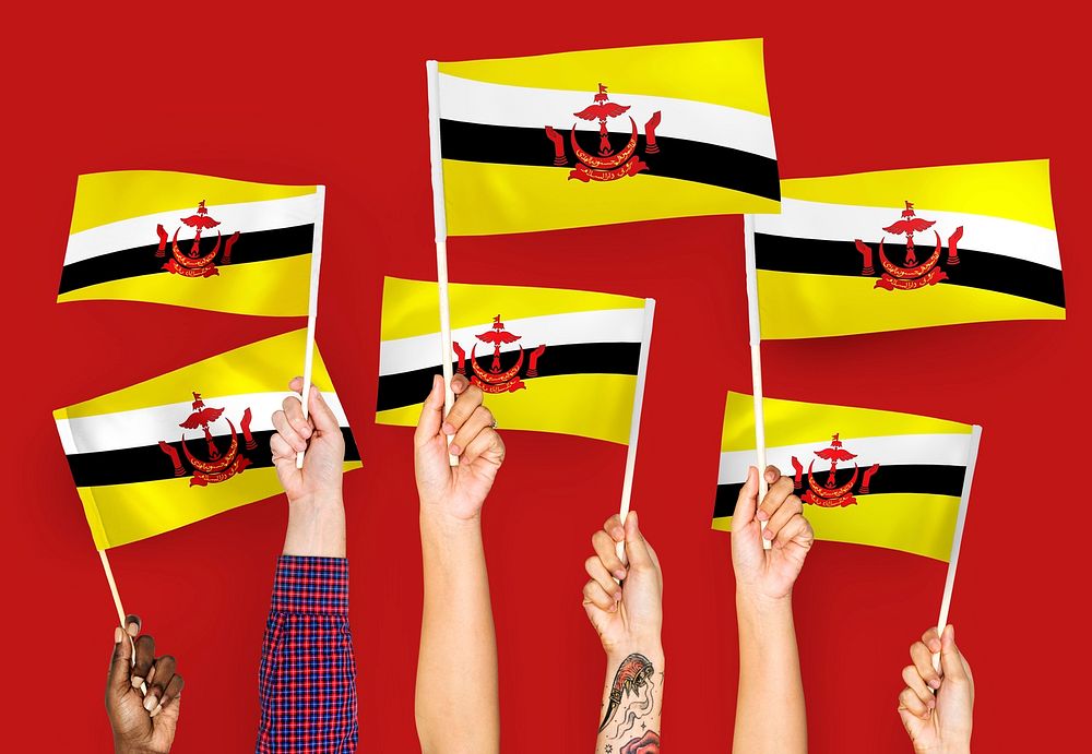 Hands waving flags of Brunei