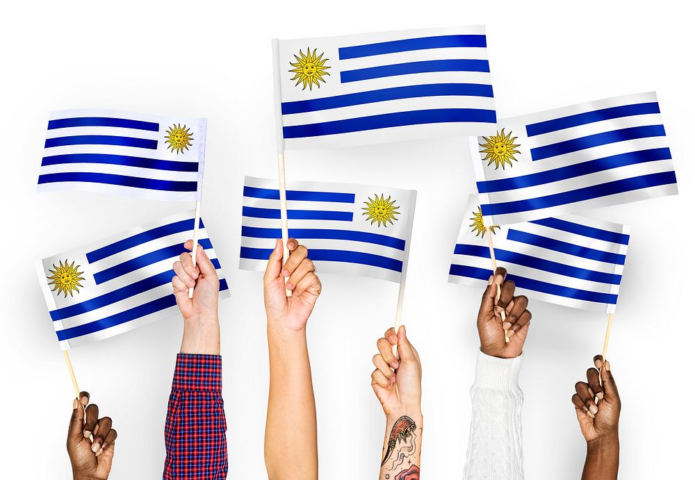 Hands waving the flags of Uruguay