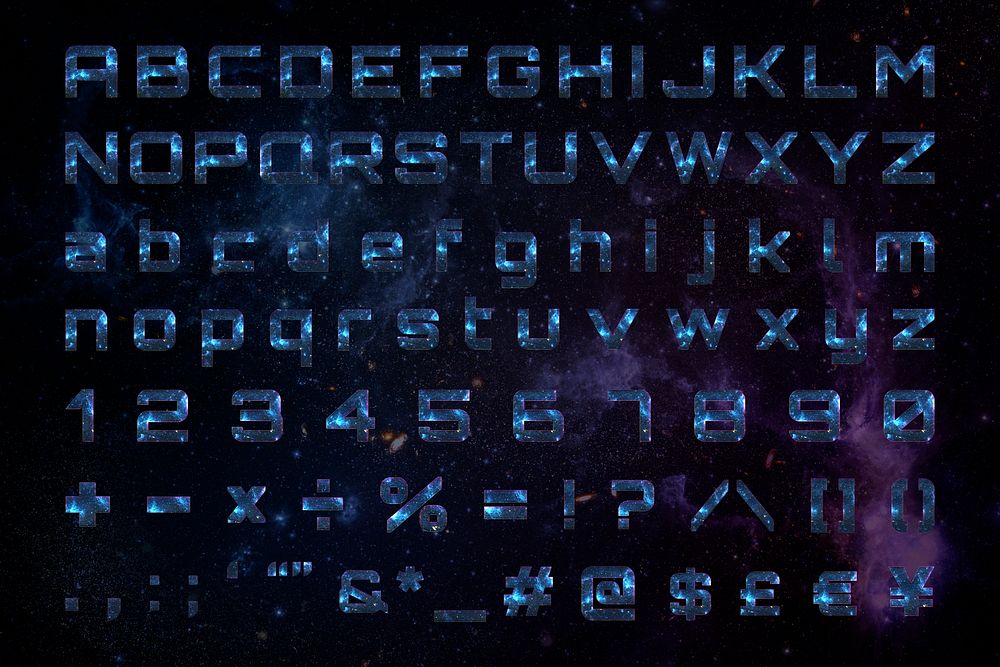 Letters, Number and symbol blue typography psd on galaxy background