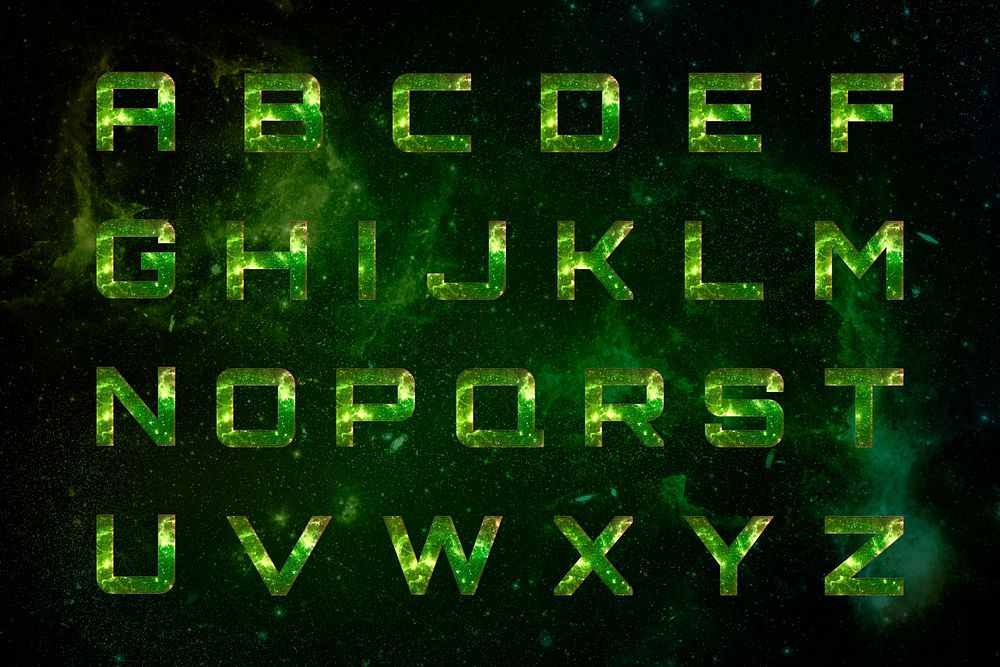 Psd alphabet set typography on green galaxy background