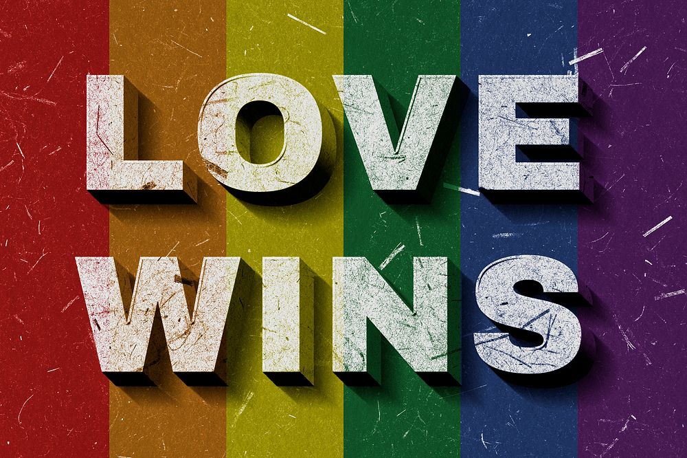 3D Love Wins rainbow pride flag quote paper font typography