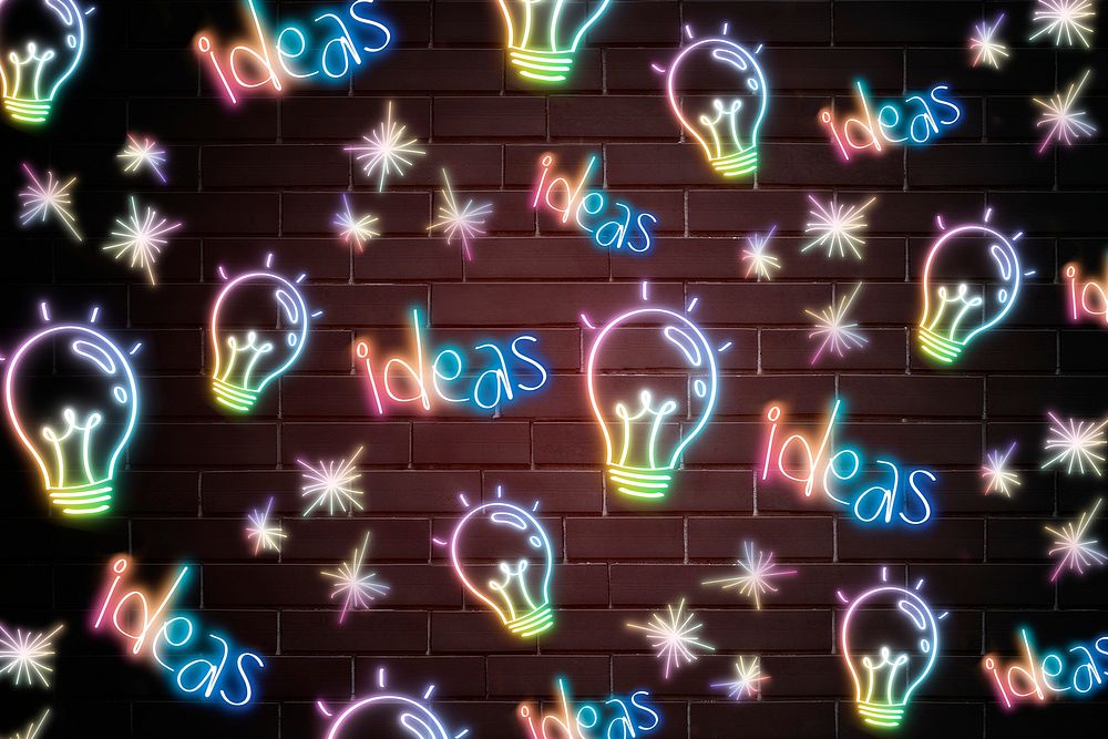 Neon light bulb ideas word doodle pattern background psd