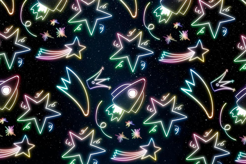 Neon star spacecraft doodle pattern background psd