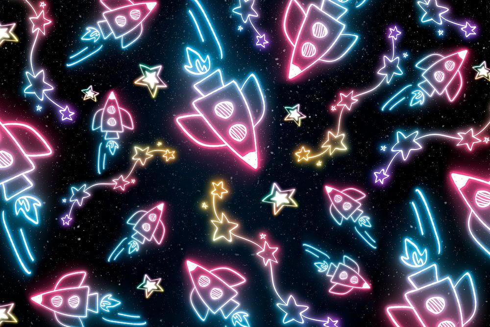 Neon star spacecraft doodle pattern background psd