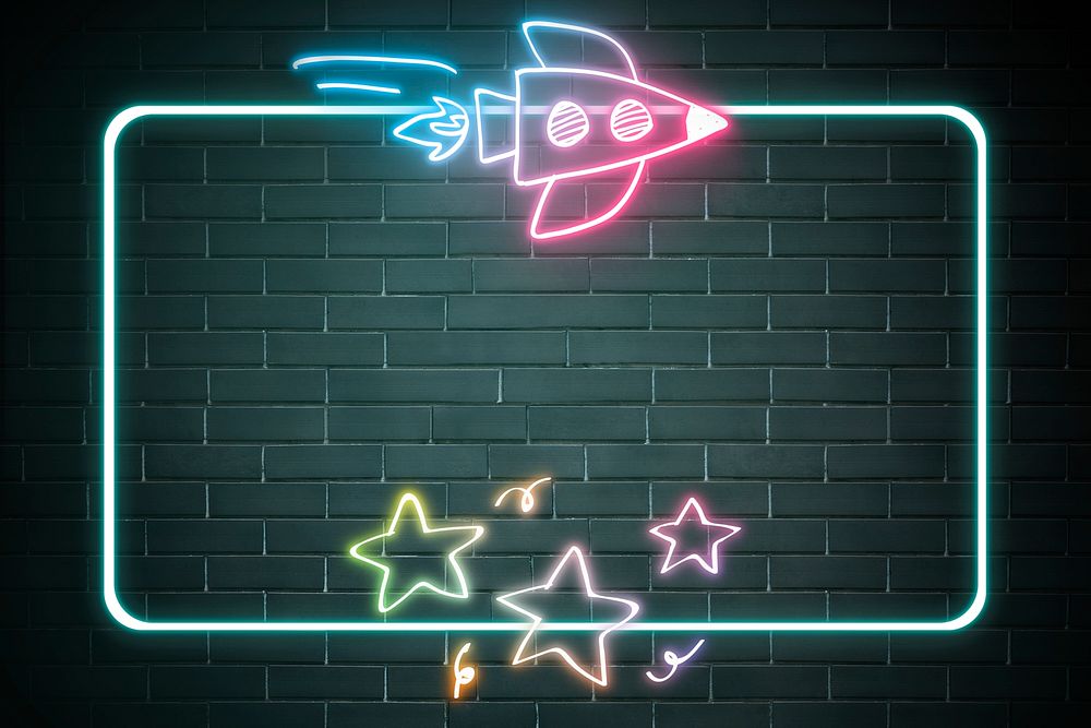 Neon frame rocket star back to school doodle