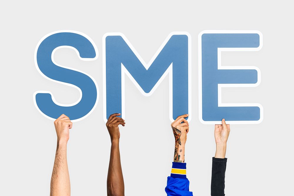 Hands holding up blue letters forming the abbreviation SME