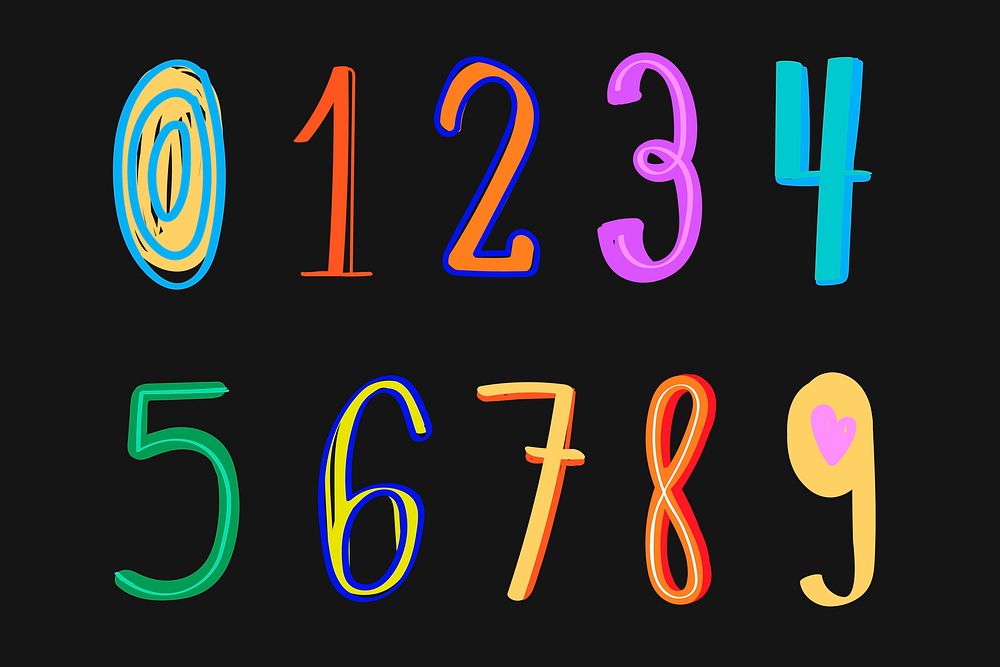 Numbers vector colorful doodle typography set