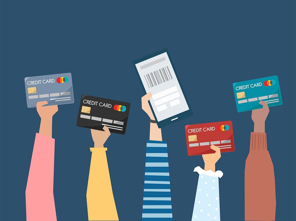 People holding credit cards illustration