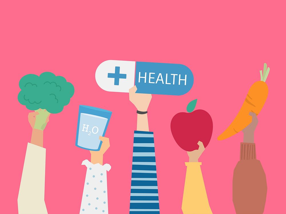 People holding health symbols illustration