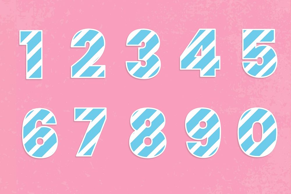 Number set blue typography psd striped pastel