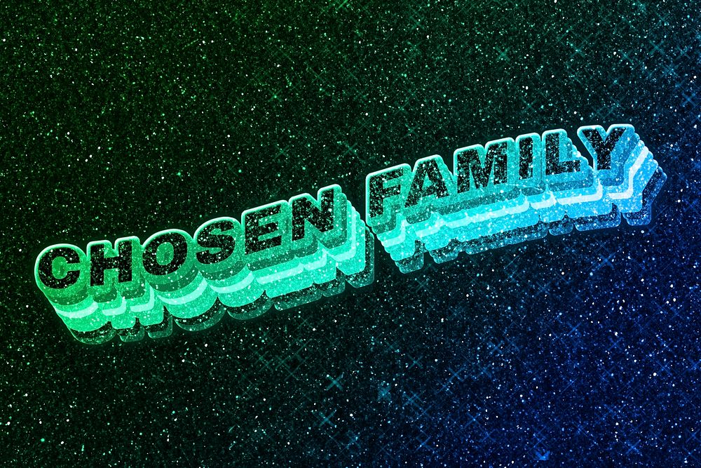 Chosen family word 3d vintage wavy typography illuminated green font