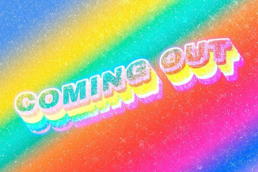 Coming out word 3d vintage typography rainbow gradient texture