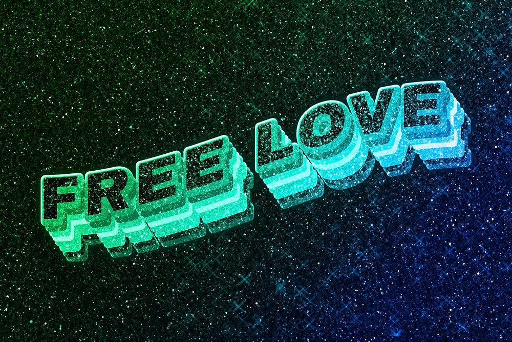 Free love word 3d vintage wavy typography illuminated green font