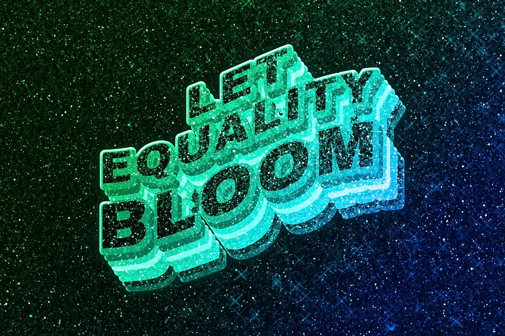 Let equality bloom word 3d vintage wavy typography illuminated green font