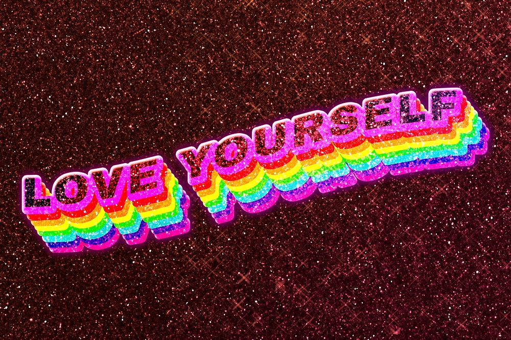 Love yourself word 3d vintage typography wavy rainbow