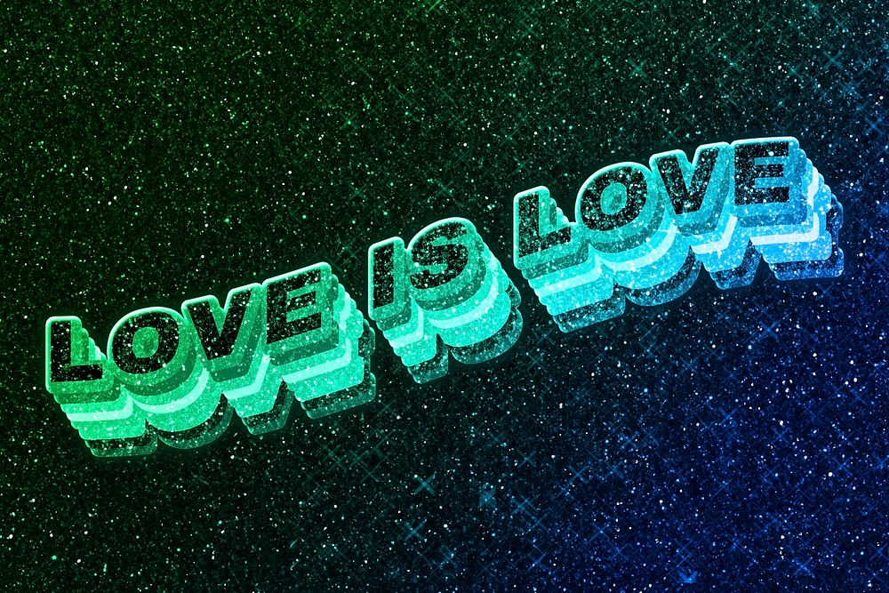 Love is love word 3d vintage wavy typography illuminated green font