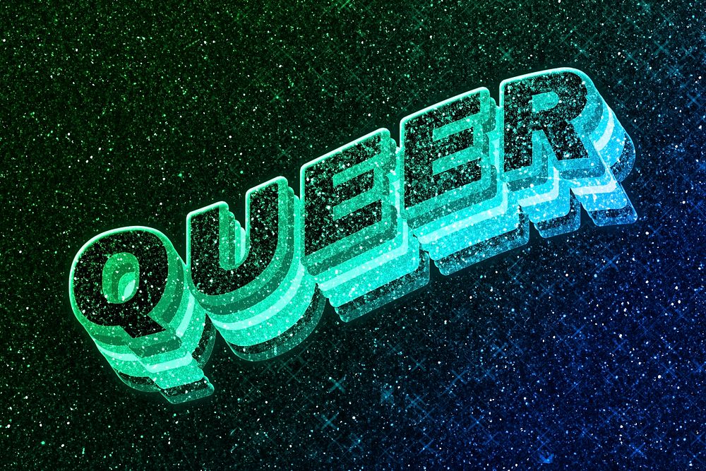 Queer word 3d vintage wavy typography illuminated green font