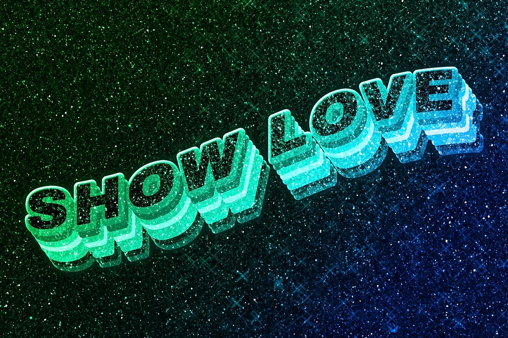 Show love word 3d vintage wavy typography illuminated green font