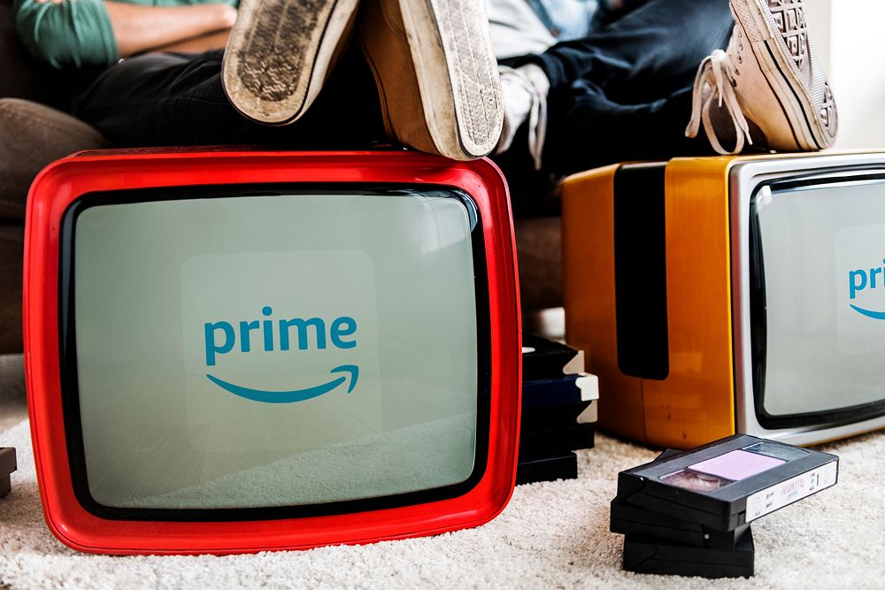 Amazon Prime Video logo showing on retro TVs. BANGKOK, THAILAND, 1 NOV 2018.