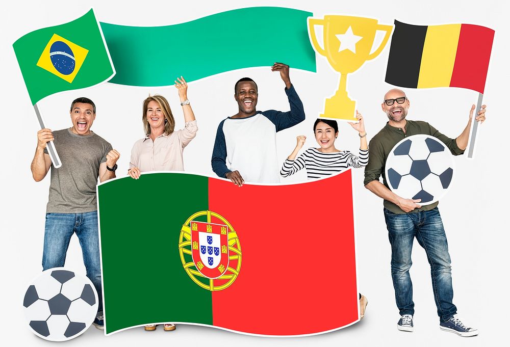 Diverse football fans holding the flags of Brazil, Belgium and Portugal