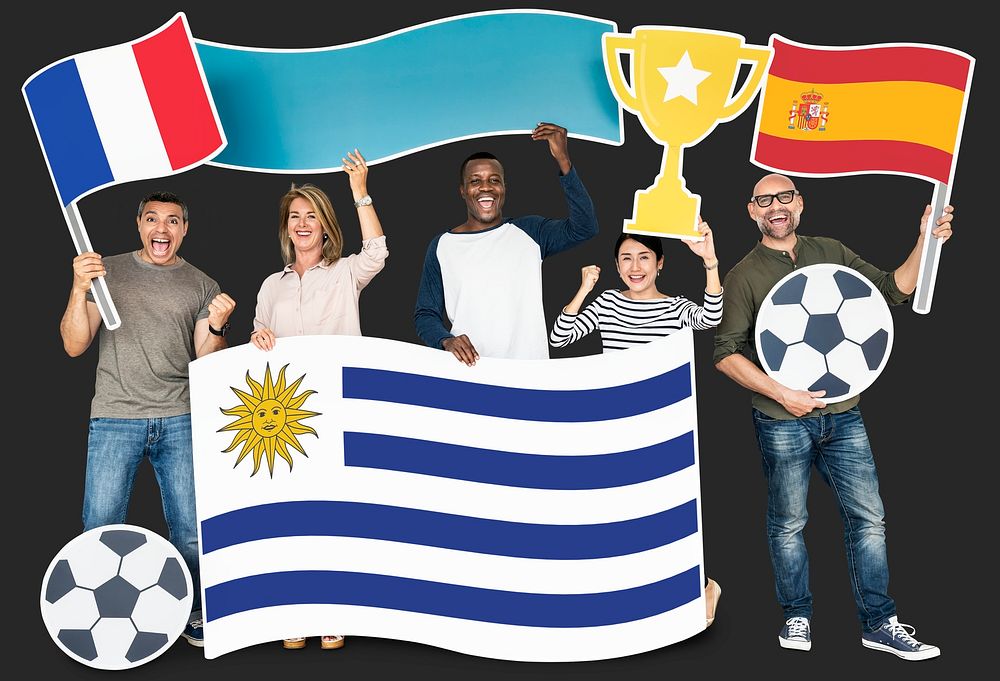 Diverse football fans holding the flags of France, Uruguay and Spain