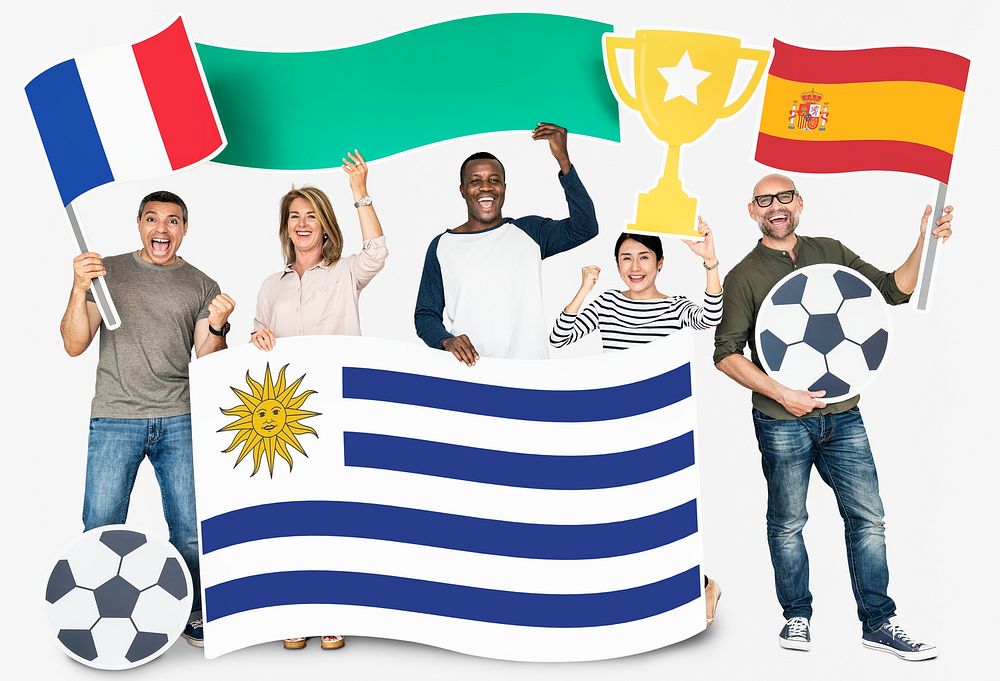 Diverse football fans holding the flags of France, Uruguay and Spain