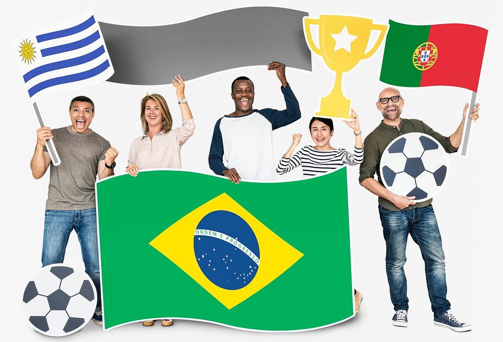 Diverse football fans holding the flags of Brazil, Portugal and Uruguay