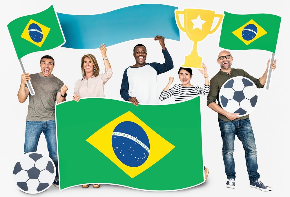 Diverse football fans holding the flag of Brazil