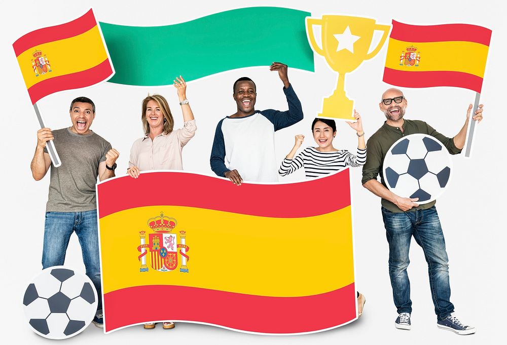 Diverse football fans holding the flag of Spain