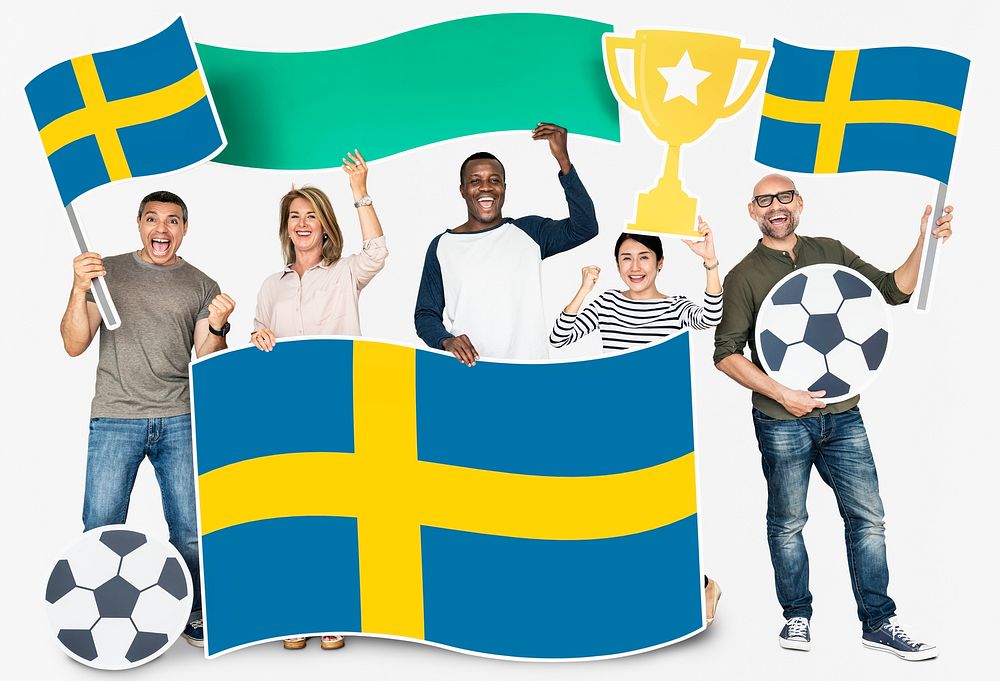 Diverse football fans holding the flag of Sweden