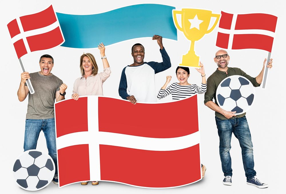 Diverse football fans holding the flag of Denmark