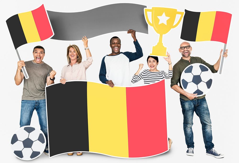 Diverse football fans holding the flag of Belgium