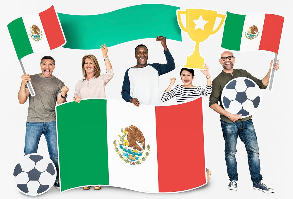 Diverse football fans holding the flag of Mexico
