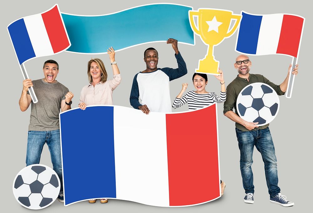 Diverse football fans holding the flag of France