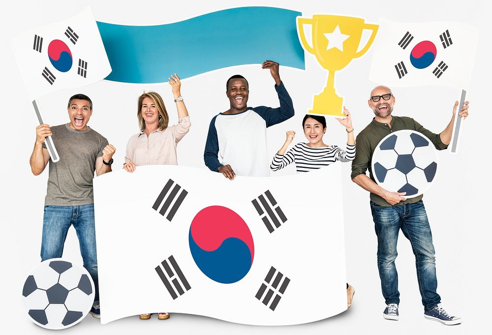 Diverse football fans holding the flag of Korea