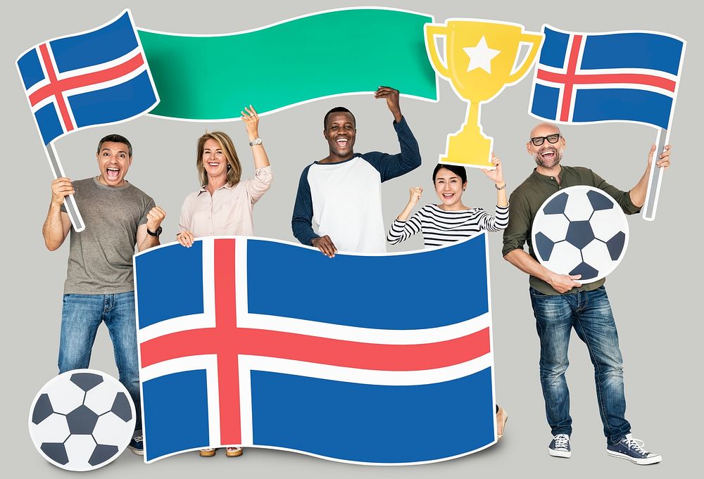 Diverse football fans holding the flag of Iceland